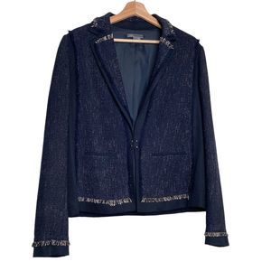 VINCE Fringed Navy Tweed Cotton Blend Blazer Jacket Size Large